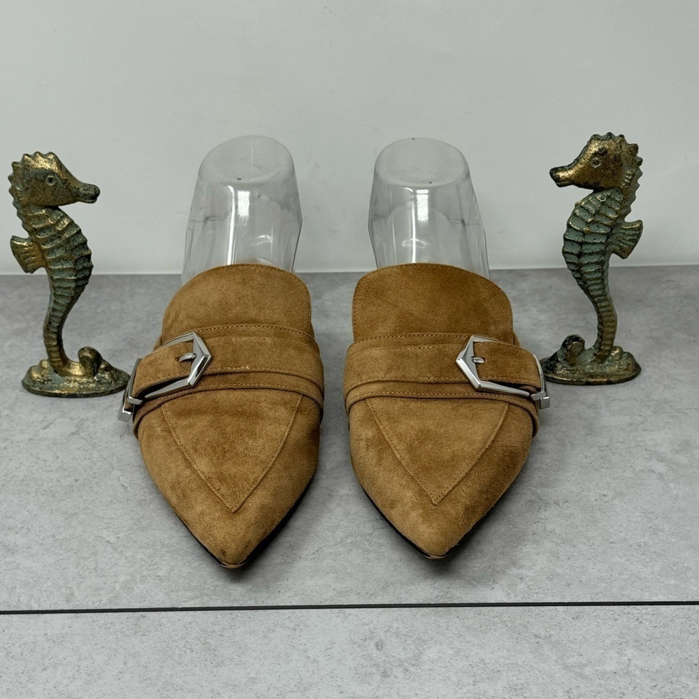 Linea Paolo Ace Buckle Pointed Toe Mules Tan Suede Women’s 8M Shoes